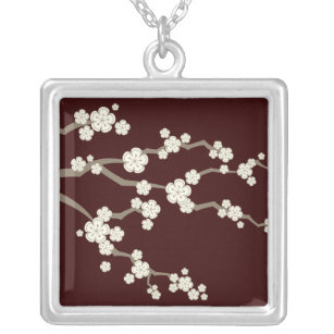 Cream Sakura Oriental Cherry Blossoms On Purple Silver Plated Necklace