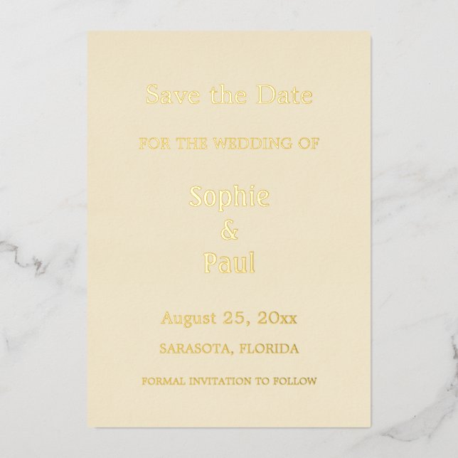 Cream Save the Date Gold Foil Invitation (Front)