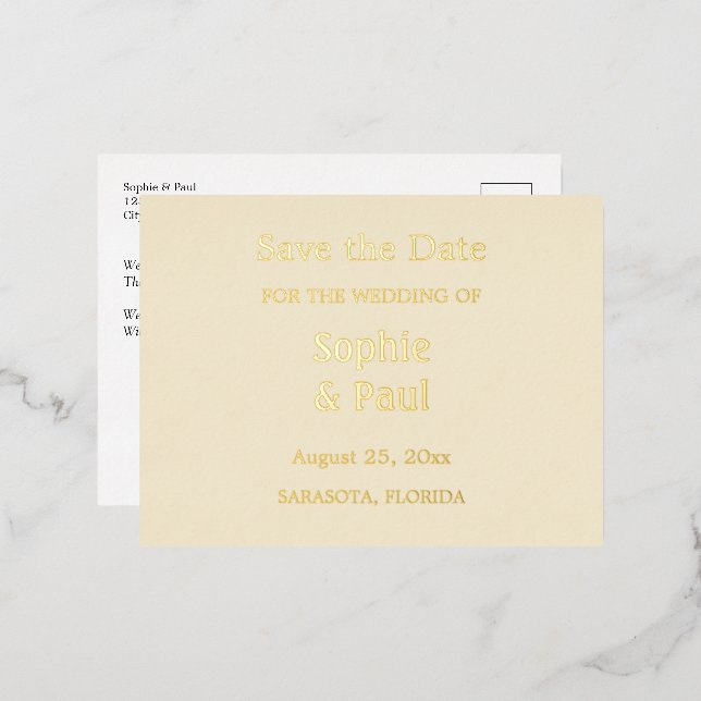 Cream Save the Date Gold Foil Invitation Postcard (Front/Back)