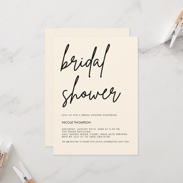 Cream Script Modern Bridal Shower Invitation  (Front/Back In Situ)