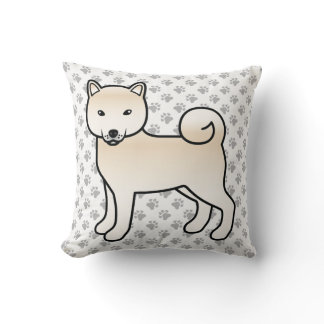 Cream Shiba Inu Cartoon Dog &amp; Paws Throw Pillow