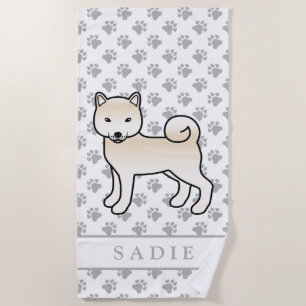 Cream Shiba Inu Cute Cartoon Dog & Name Beach Towel