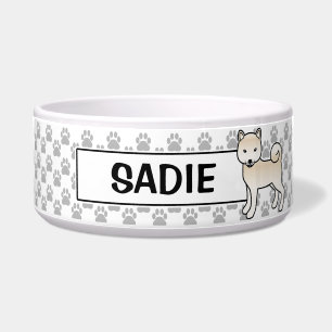 Cream Shiba Inu Cute Dog With Pet's Name Bowl
