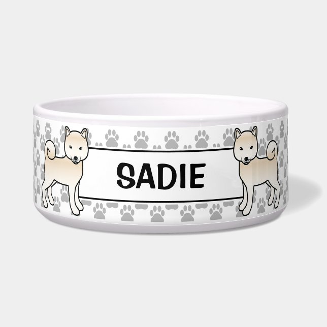 Cream Shiba Inu Cute Dog With Pet's Name Bowl (Front)