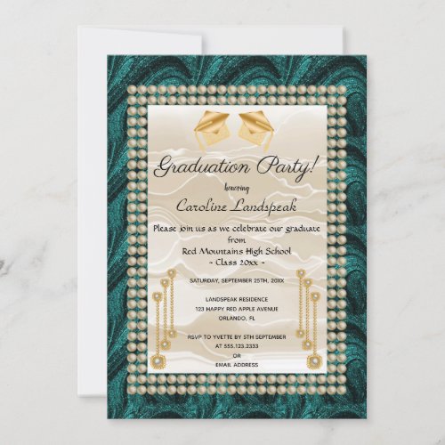 Cream Silk  Pearls Graduate Green Invitation