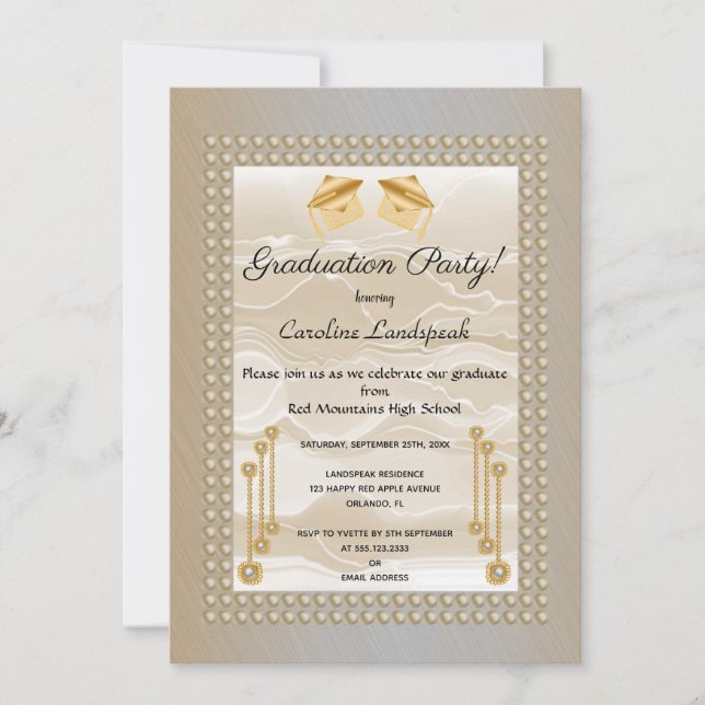 Cream Silk & Pearls Graduate Light Orange Metallic Invitation (Front)