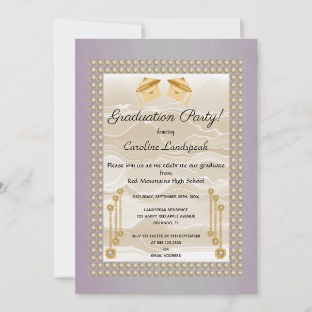 Cream Silk & Pearls Graduate Pink Metallic Invitation (Front)
