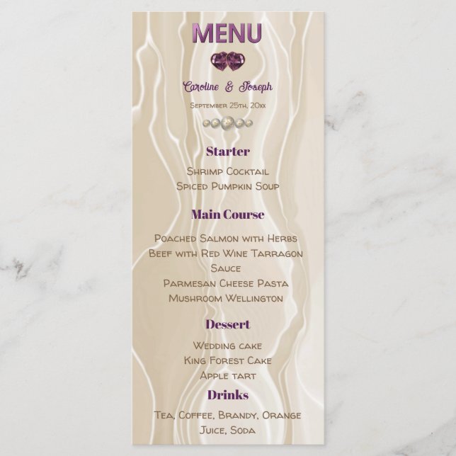 Cream Silk Purple Shiny Heart Gems Wedding Menu (Front)