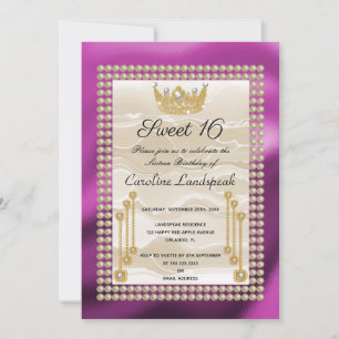 Cream Silk Sweet 16 Pearl Crown Fuchsia Metallic  Invitation