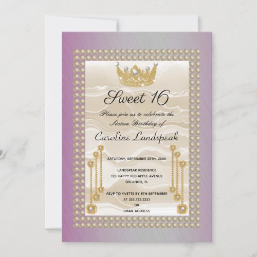 Cream Silk Sweet 16 Pearl Crown Fuchsia Metallic  Invitation
