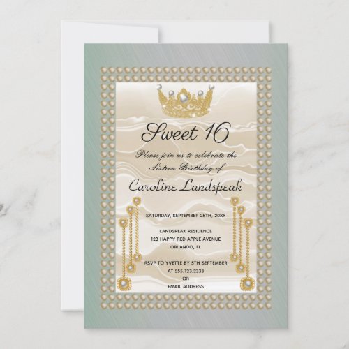 Cream Silk Sweet 16 Pearl Crown Green Metallic Invitation