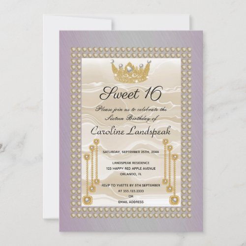 Cream Silk Sweet 16 Pearl Crown Pink Metallic Invitation