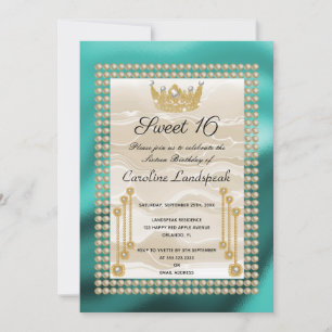 Cream Silk Sweet 16 Pearl Crown Teal Blue Metallic Invitation