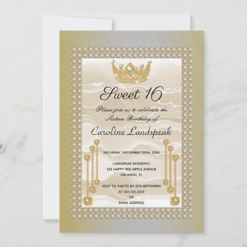 Cream Silk Sweet 16 Pearl Crown Yellow Metallic Invitation