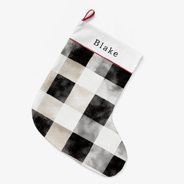 Cream Silver Black White Plaid Stripes Christmas Large Christmas Stocking (Front (Hanging))