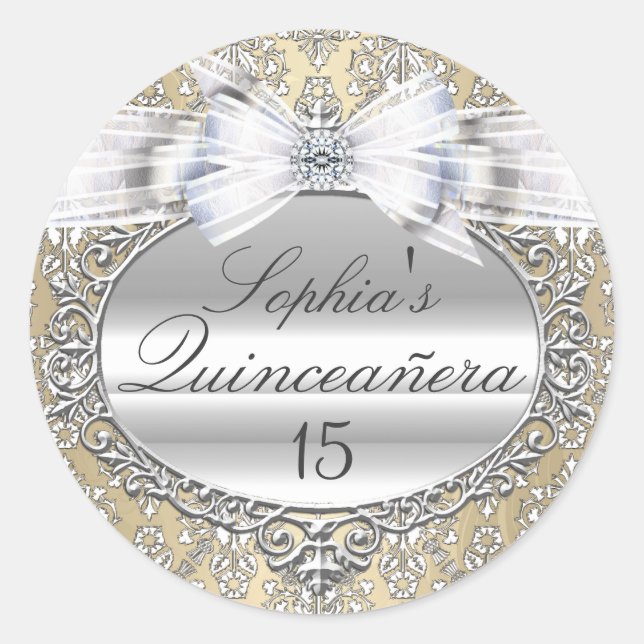 Cream & Silver Bow Quinceanera Sticker (Front)