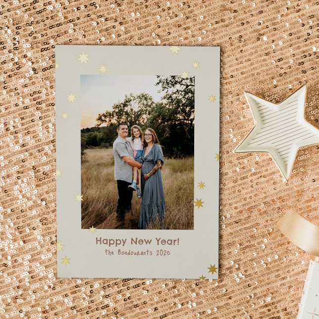Cream Simple Shiny Stars One Photo Happy New Year Foil Holiday Card (Creator Uploaded)