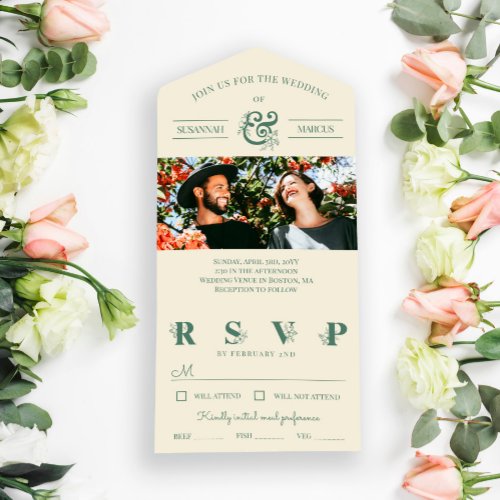 Cream Slate Green Floral Ampersand Photo Wedding All In One Invitation