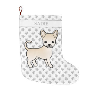 Cream Smooth Coat Chihuahua Cartoon Dog &amp; Name Large Christmas Stocking