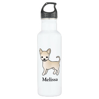 Cream Smooth Coat Chihuahua Cartoon Dog &amp; Name Stainless Steel Water Bottle