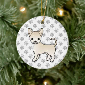 Cream Smooth Coat Chihuahua Cartoon Dog &amp; Paws Ceramic Ornament