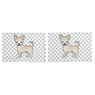 Cream Smooth Coat Chihuahua Cartoon Dog & Paws Pillow Case