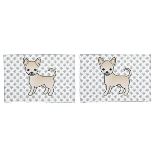 Cream Smooth Coat Chihuahua Cartoon Dog &amp; Paws Pillow Case