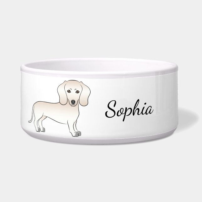 Cream Smooth Coat Dachshund Cartoon Dog And Name Bowl (Front)