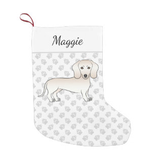 Cream Smooth Coat Dachshund Cartoon Dog With Name Small Christmas Stocking