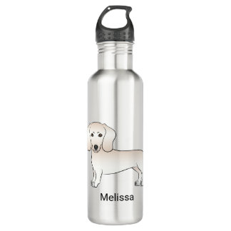 Cream Smooth Coat Dachshund Cartoon Dog With Name Stainless Steel Water Bottle