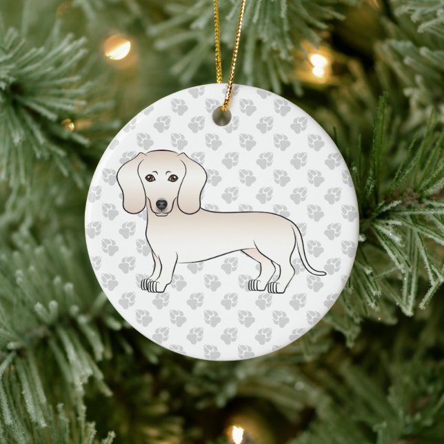 Cream Smooth Coat Dachshund Cute Cartoon Dog Ceramic Ornament (Tree)