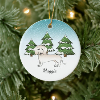 Cream Smooth Coat Dachshund Dog In Winter Forest Ceramic Ornament