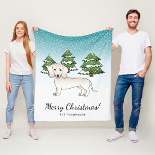 Cream Smooth Coat Dachshund Dog In Winter Forest Fleece Blanket