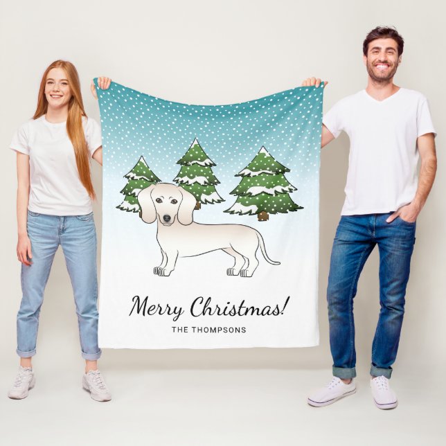 Cream Smooth Coat Dachshund Dog In Winter Forest Fleece Blanket (In Situ)