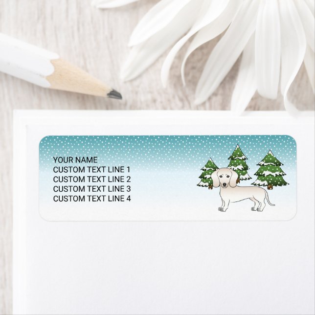 Cream Smooth Coat Dachshund Dog In Winter Forest Label (Insitu)