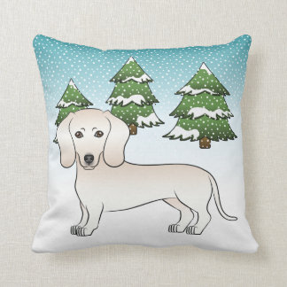 Cream Smooth Coat Dachshund Dog In Winter Forest Throw Pillow