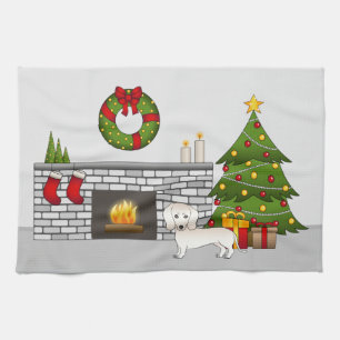 Cream Smooth Coat Dachshund In Christmas Room Kitchen Towel