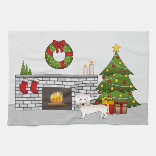Cream Smooth Coat Dachshund In Christmas Room Kitchen Towel