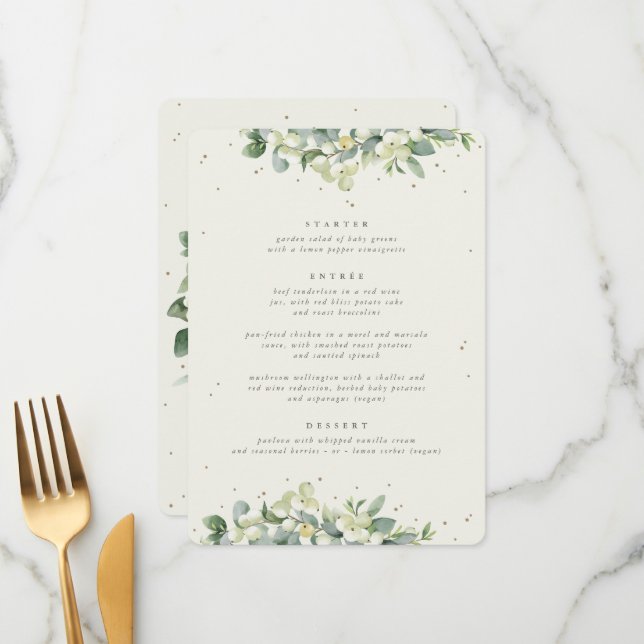 Cream Snowberry + Eucalyptus 3 Course Wedding Menu (Front/Back In Situ)