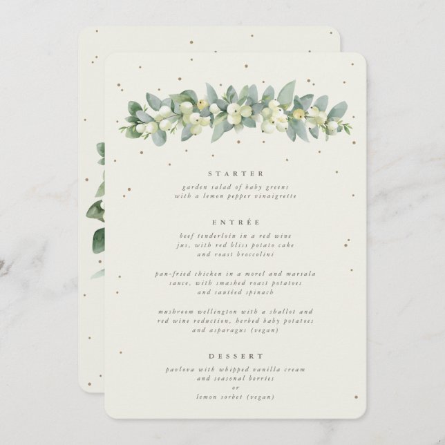 Cream Snowberry + Eucalyptus 3 Course Wedding Menu (Front/Back)