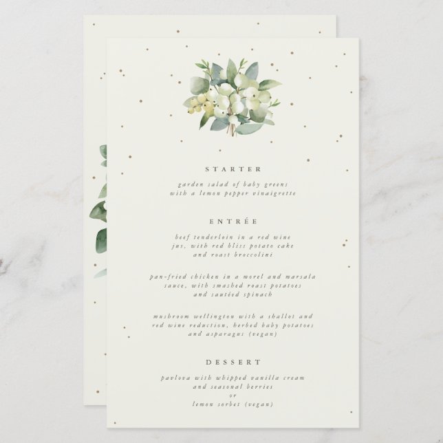 Cream Snowberry + Eucalyptus 3 Course Wedding Menu (Front/Back)