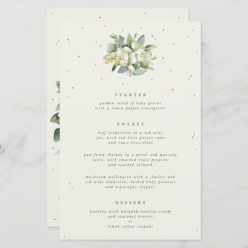 Cream Snowberry  Eucalyptus 3 Course Wedding Menu