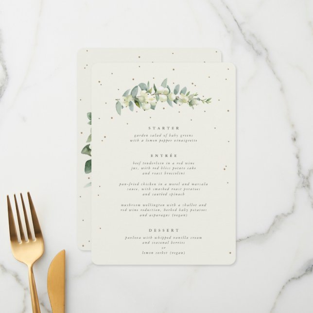 Cream Snowberry + Eucalyptus 3 Course Wedding Menu (Front/Back In Situ)