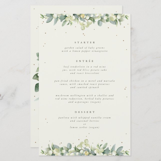 Cream Snowberry + Eucalyptus 3 Course Wedding Menu (Front/Back)