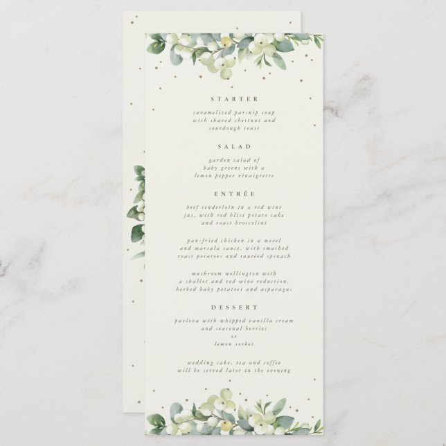 Cream Snowberry+Eucalyptus 4 Course Wedding Flat Menu (Front/Back)