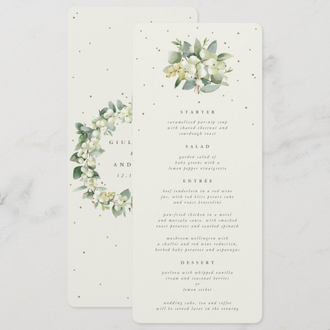Cream Snowberry+Eucalyptus 4 Course Wedding Flat Menu (Front/Back)