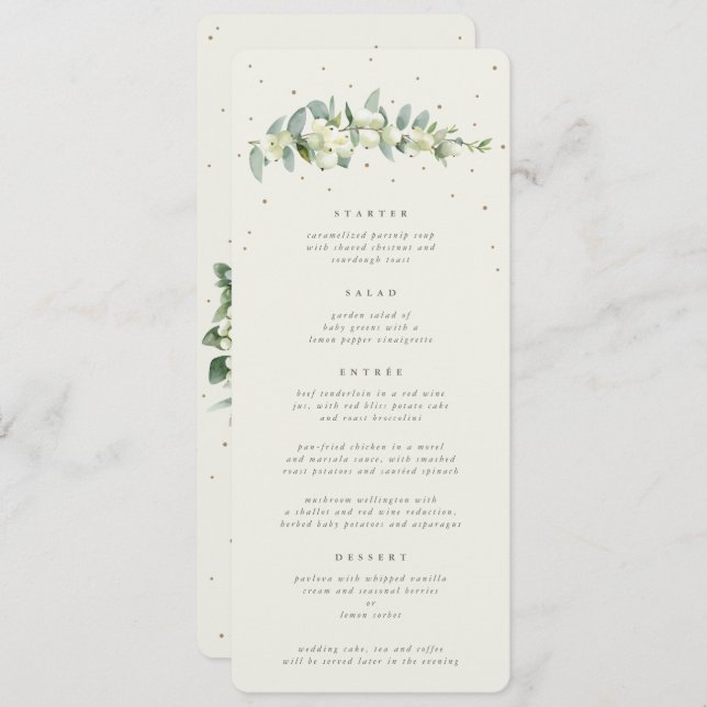 Cream Snowberry+Eucalyptus 4 Course Wedding Flat Menu (Front/Back)