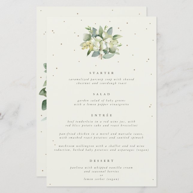Cream Snowberry + Eucalyptus 4 Course Wedding Menu (Front/Back)