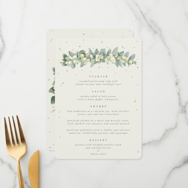 Cream Snowberry + Eucalyptus 4 Course Wedding Menu (Front/Back In Situ)