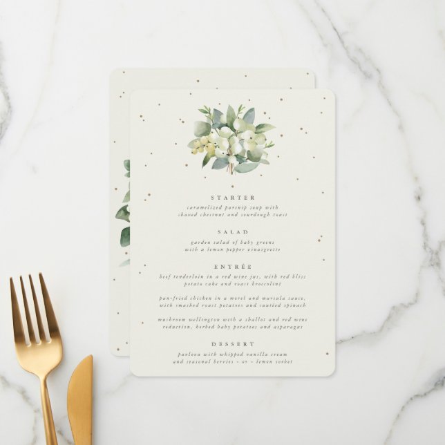 Cream Snowberry + Eucalyptus 4 Course Wedding Menu (Front/Back In Situ)